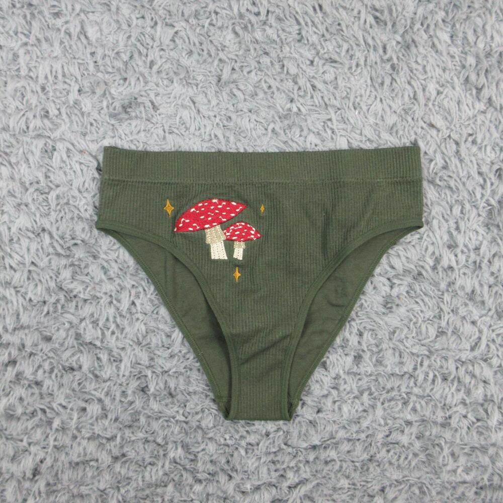 DISTURBIA Panties Womens S/M Green Ribbed High-Waisted Embroidered NWT